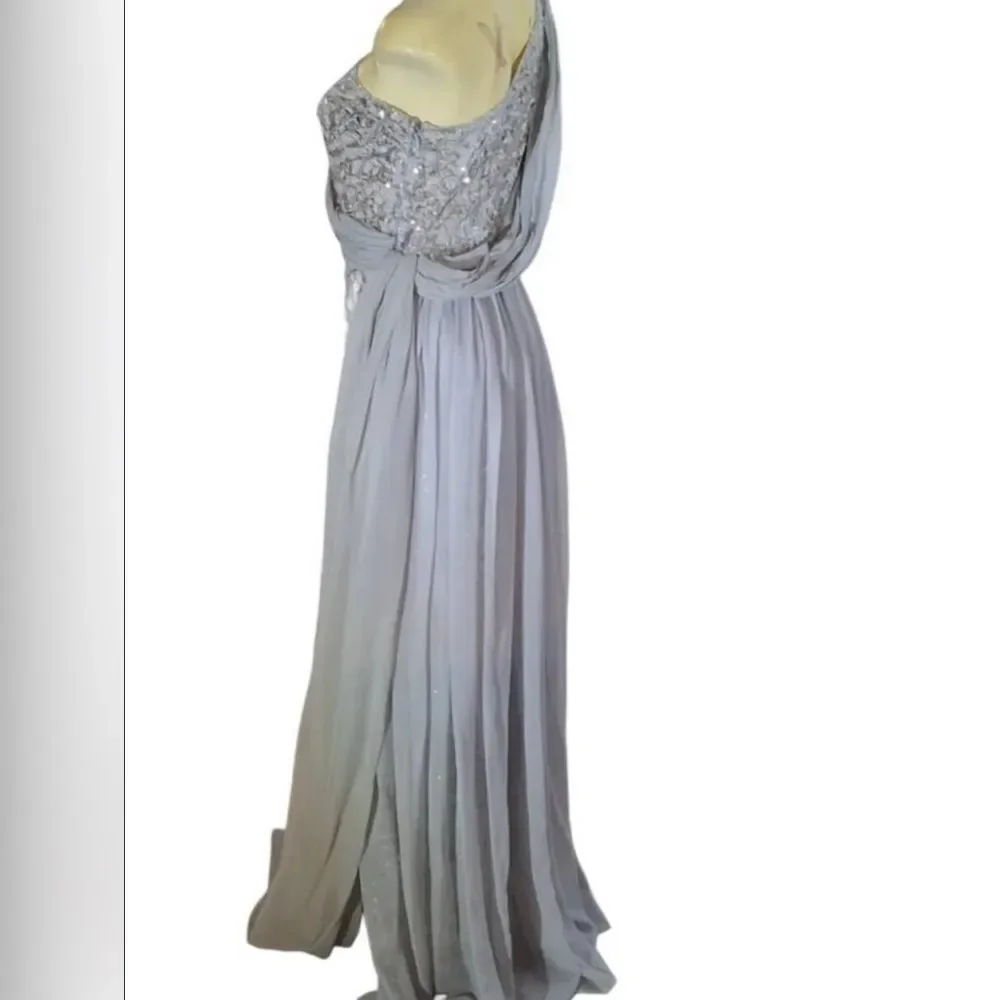 Elegant 80’s Style Silver Sequin One Shoulder Evening Gown Chiffon & Rose M - Picture 5 of 8